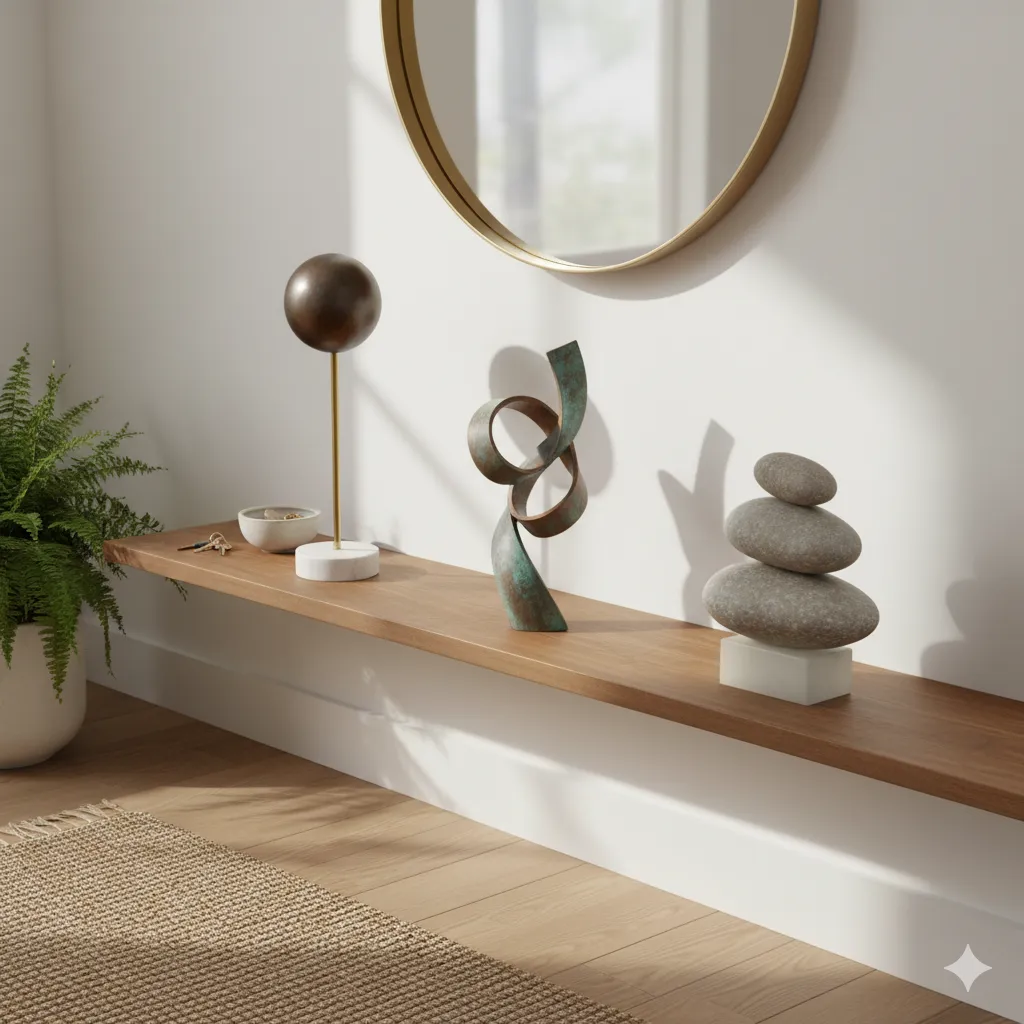 Entry Poise Trio on a narrow entryway shelf