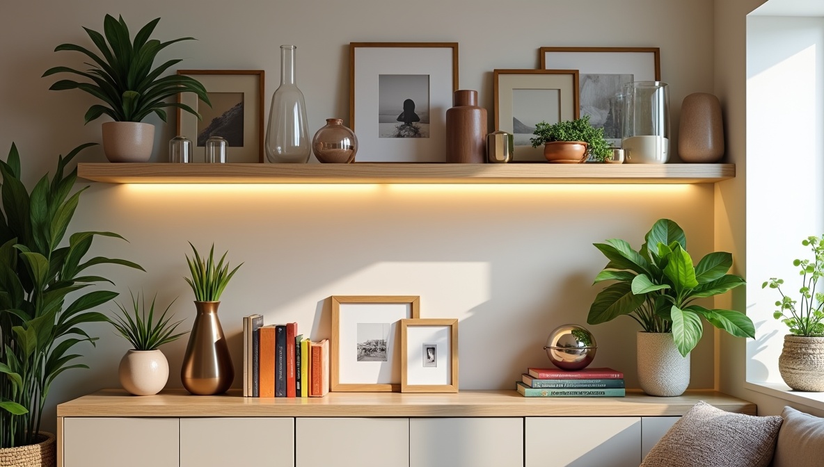 Urban living room shelf with thoughtfully arranged accessories